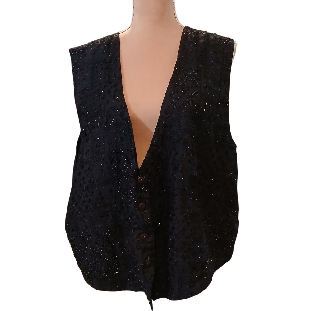 Vtg AJ 26/28 Black Beaded Sequin Eyelet Vest Cotton Plus Size Festival Retro Tie